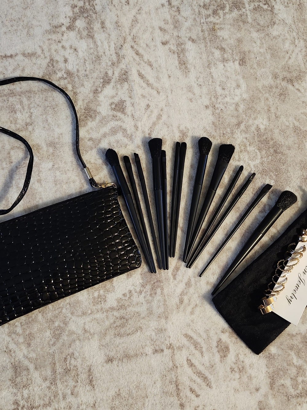 Black Makeup Brush Set with Cross Body And 6 Pair Earrings